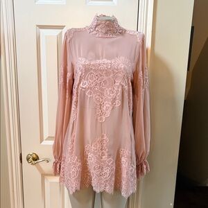 HAH Queen 4 a Day lace Floral Bishop sleeve Dusty pink mini Dress, med